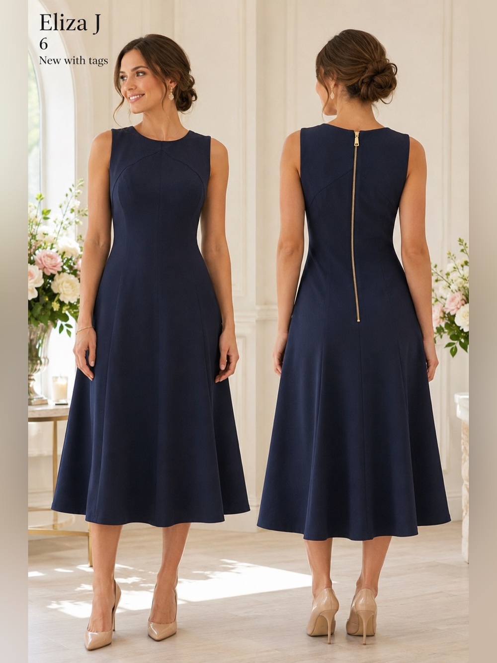 Eliza J Navy Blue Fit & Flare Midi Dress 6 New Sleeveless Career Cocktail classy